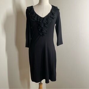 White House Black Market - SZ XS - Black Stretchy Ruffle Neckline V-Neck Dress